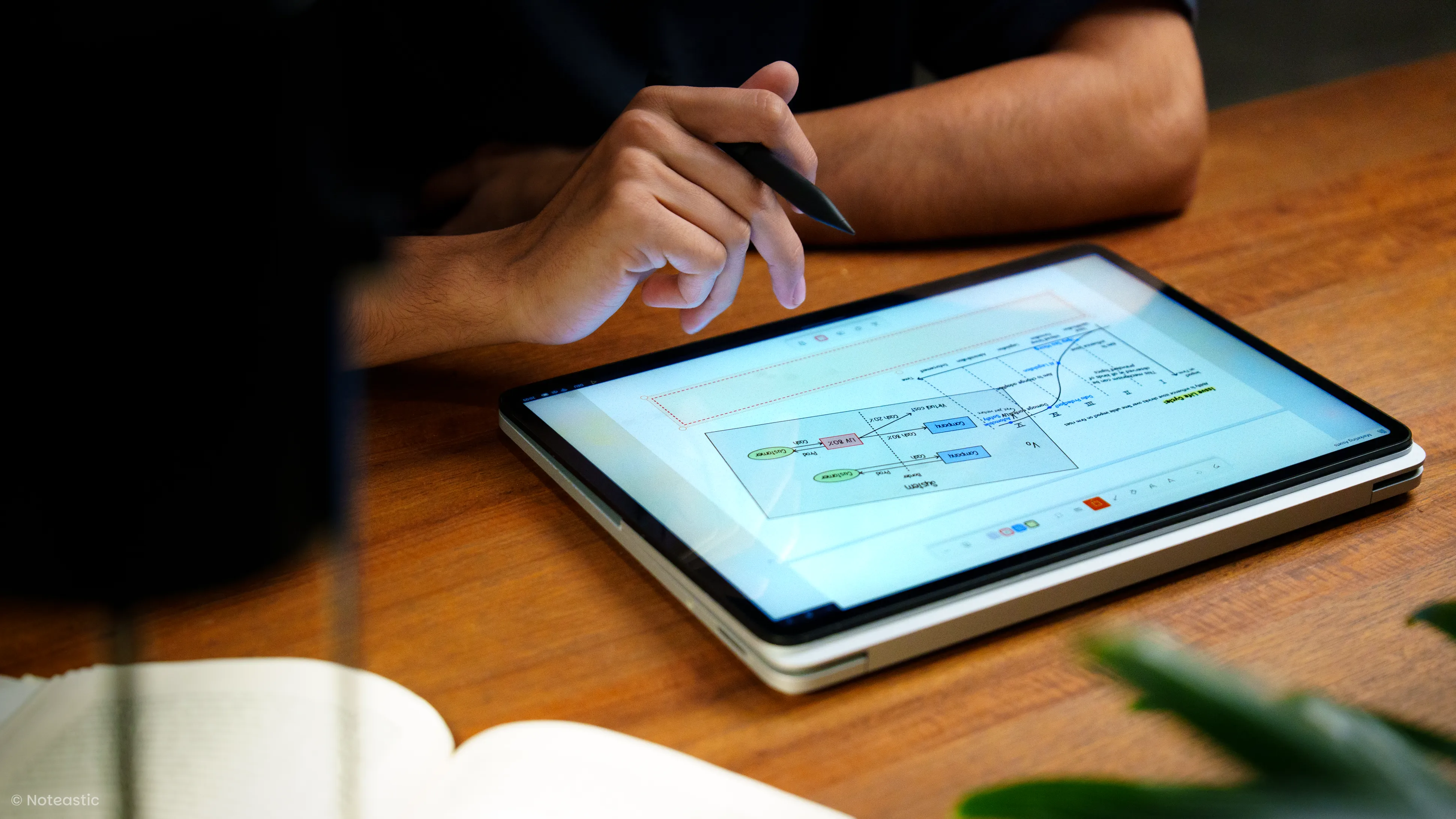 A person sitting at a tidy desk and taking handwritten notes on a laptop while holding a stylus.