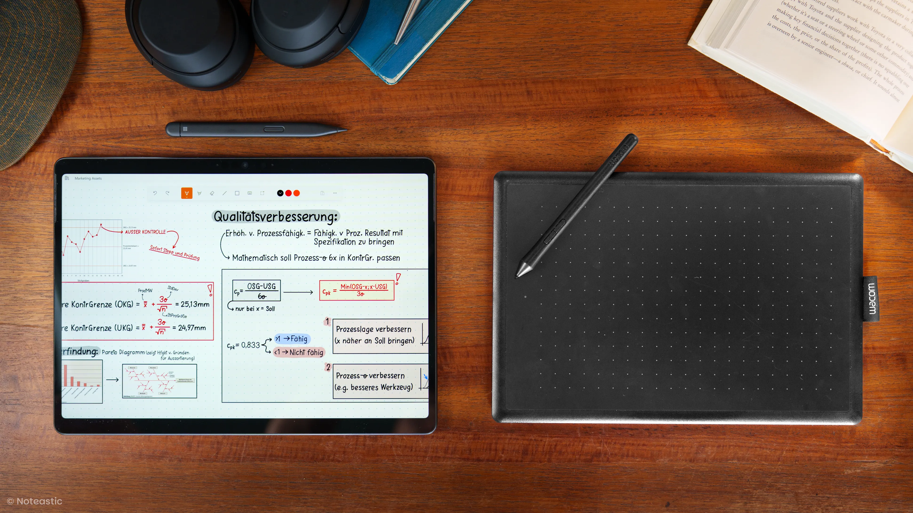 A Microsoft Surface tablet laying next to a Wacom drawing
pad